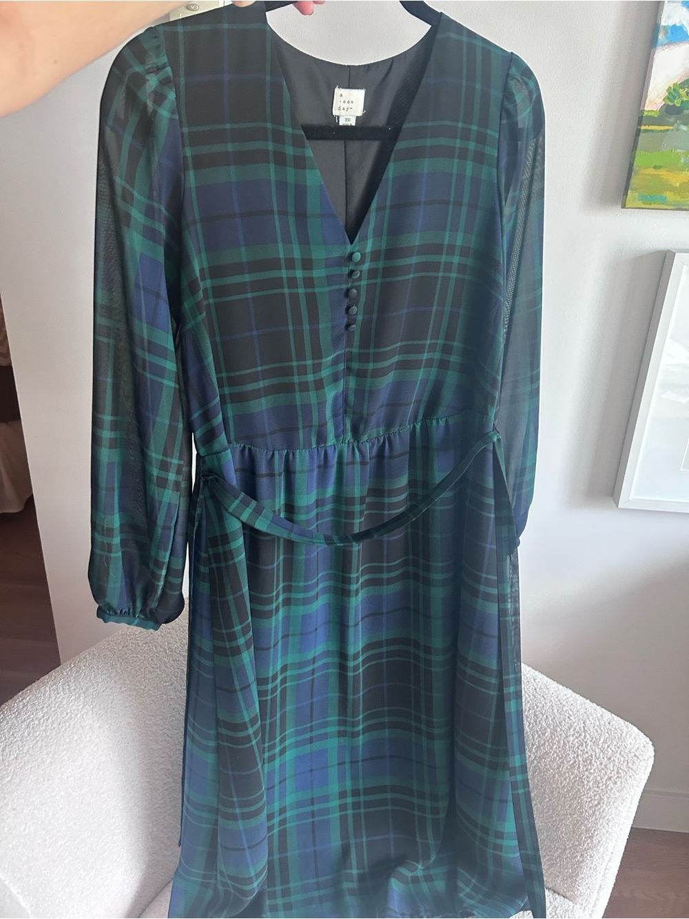 Target A New Day, plaid v-neck long sleeve midi Dress - Green & Navy XS